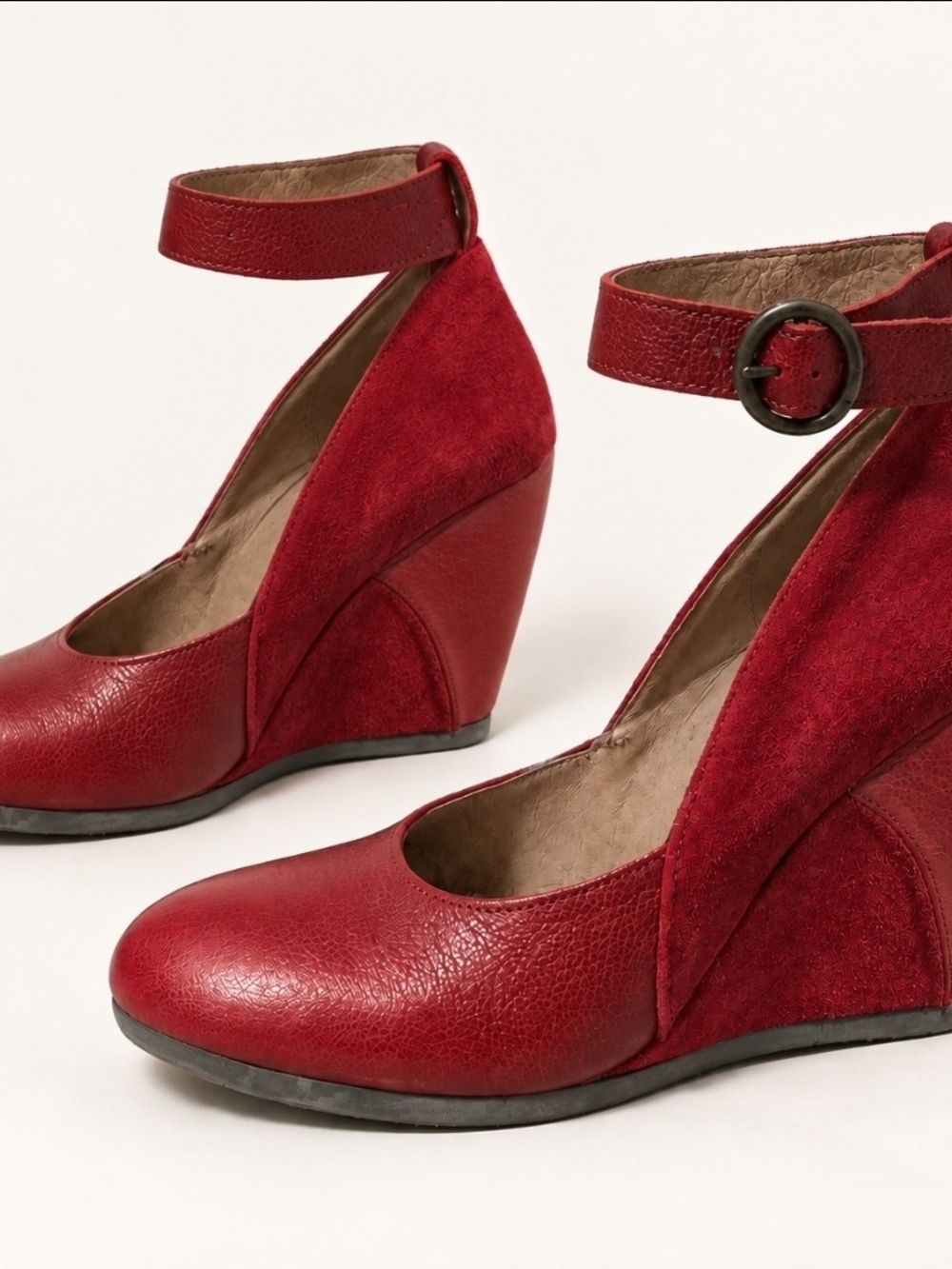 Fly London Red Ankle-Strap Wedge Pumps